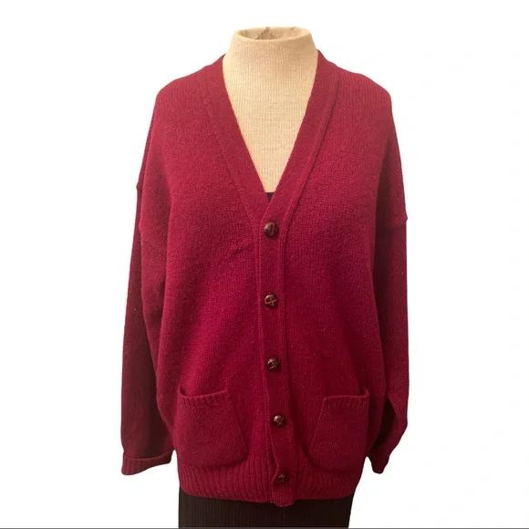 The Moors Vintage Grandpa Cardigan Shetland Wool Burgundy Large